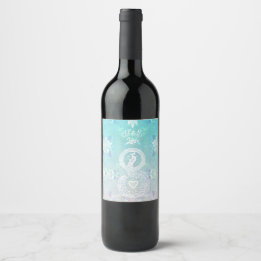 Étiquette Pour Bouteilles De Vin Mariage romantique paon, coeur et bleu aqua