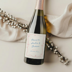 Étiquette Pour Bouteilles De Vin Mariage Rose et Bleu Dessiné à la Main de Manière
