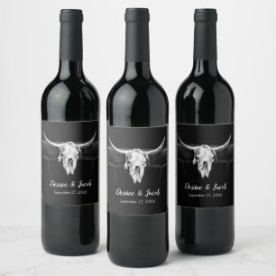 Étiquette Pour Bouteilles De Vin Mariage Rustique Western Noir et Blanc Taureau