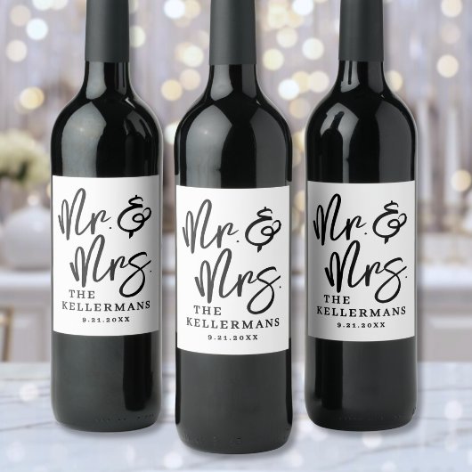 Étiquette Pour Bouteilles De Vin Mariage Script Noir Blanc