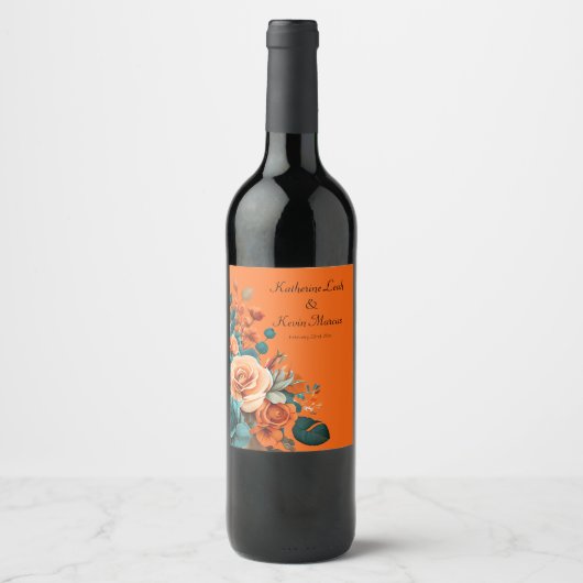 Étiquette Pour Bouteilles De Vin Mariage turquoise et orange (Devant)