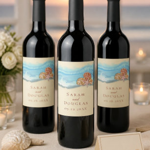 Étiquette Pour Bouteilles De Vin Mariage Vague Océanique Bleue Romantique & Coquill
