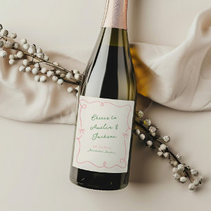 Étiquette Pour Bouteilles De Vin Mariage vert et rose dessiné à la main de manière