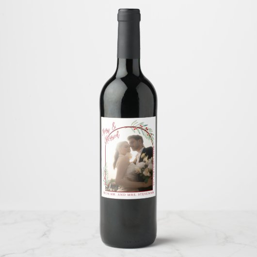 Étiquette Pour Bouteilles De Vin Mariés sous le Gui Élégant Photo Noël (Devant)