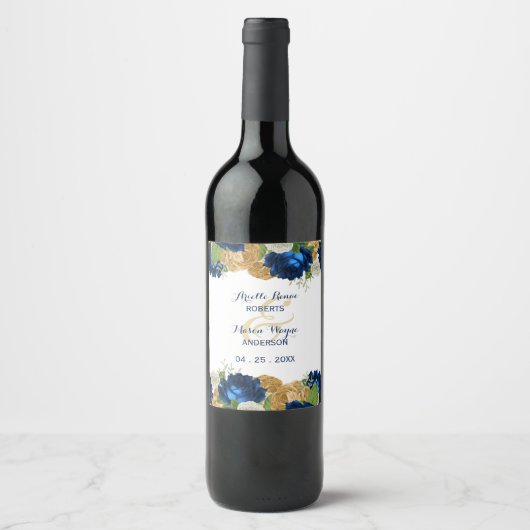 Étiquette Pour Bouteilles De Vin Marine Bleu Roses Boho Gold (Devant)