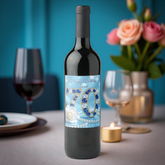 Étiquette Pour Bouteilles De Vin Marine Blue Gems Pearls & White Rose 70e anniversa