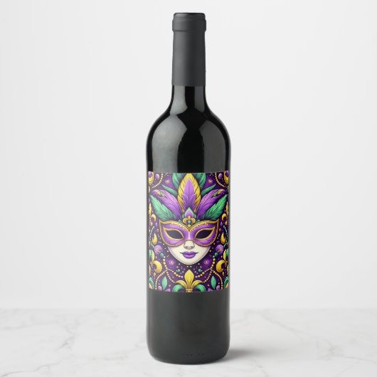 Étiquette Pour Bouteilles De Vin Masque Mardi Gras/perles/fleur de lis (Devant)
