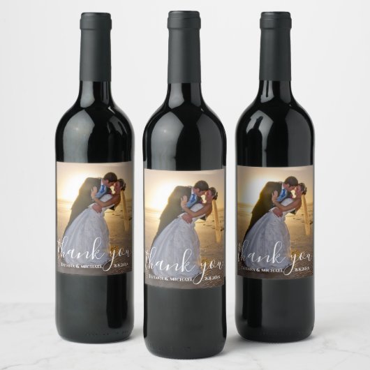 Étiquette Pour Bouteilles De Vin merci, chic calligraphie mariage photo (Bouteilles)