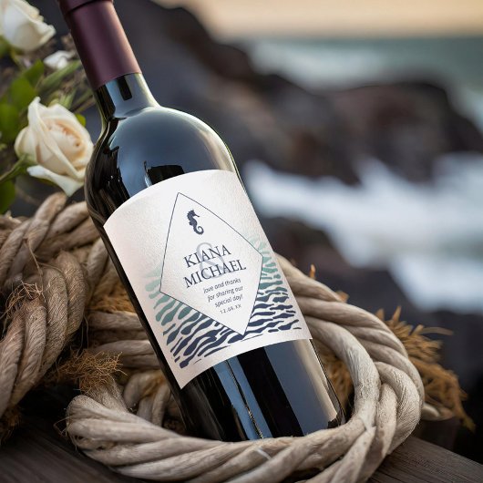 Étiquette Pour Bouteilles De Vin Merci Mariage Blue Wave Seahorse ID836