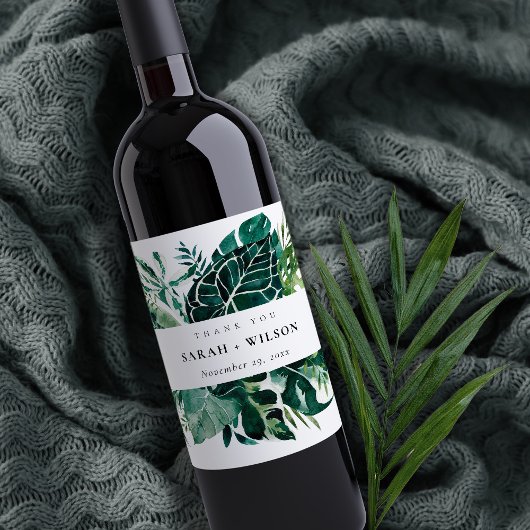 Étiquette Pour Bouteilles De Vin Merci Mariage de feuillage vert de Monstera Tropic