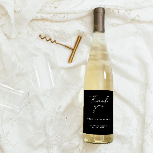 Étiquette Pour Bouteilles De Vin Merci Mariage de script moderne noir