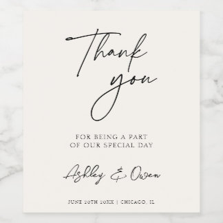 Étiquette Pour Bouteilles De Vin Merci Mariage moderne noir Script minimaliste