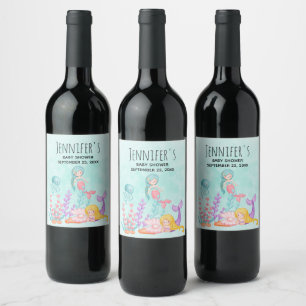 Étiquette Pour Bouteilles De Vin Mermaids et méduses sous l'aquarelle marine