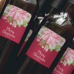 Étiquette Pour Bouteilles De Vin Merry Christmas Floral Poinsettia<br><div class="desc">Personalized Christmas wine bottle red labels feature a large pink poinsettia,  winter flowers,  pines and holly leaves your details in chic lettering. MATCHING items in our store.</div>