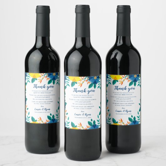 Étiquette Pour Bouteilles De Vin Message de Merci Mariage bleu jaune chic (Bouteilles)