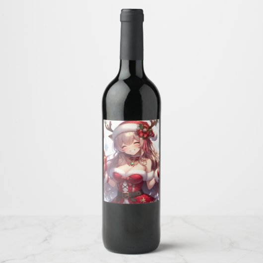 Étiquette Pour Bouteilles De Vin mignonne fille de Noël anime (Devant)