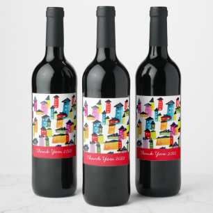 Étiquette Pour Bouteilles De Vin Mignonnes maisons d'aquarelle blanc