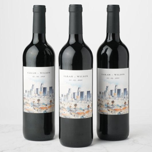 Étiquette Pour Bouteilles De Vin Minimal Los Angeles, Californie Mariage d'aquarell (Bouteilles)