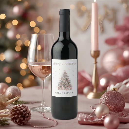 Étiquette Pour Bouteilles De Vin Modern Blush Christmas Tree Wine Label