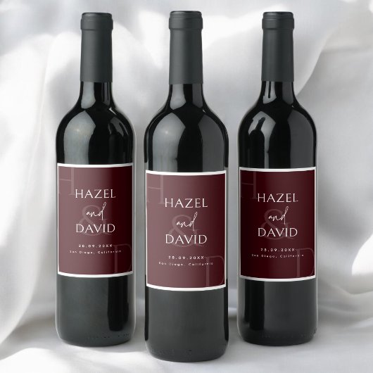Étiquette Pour Bouteilles De Vin Modern Minimalist Burgundy Monogram Wedding