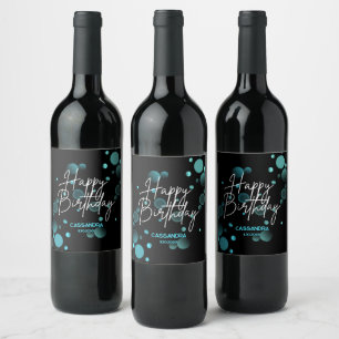 Étiquette Pour Bouteilles De Vin Moderne Bleu Bokeh Gradient Noir Joyeux anniversai