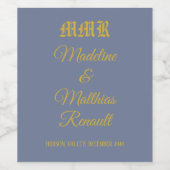 Étiquette Pour Bouteilles De Vin Monogram Élégant Bleu Poussiéreux et Or Mariage (Étiquettes simples)