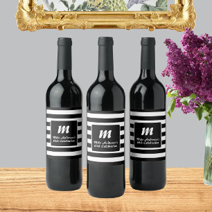 Étiquette Pour Bouteilles De Vin Monogramme à rayures noir et blanc