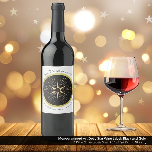 Étiquette Pour Bouteilles De Vin Monogramme Art déco étoile Noir et or