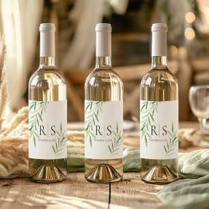 Étiquette Pour Bouteilles De Vin Monogramme botanique élégant de saule à l'aquarell