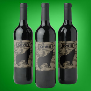 Étiquette Pour Bouteilles De Vin Monogramme Brown Camo Black Wolf Silhouette