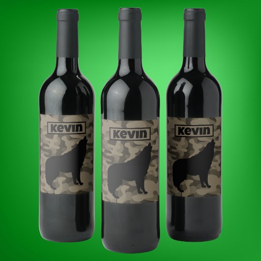 Étiquette Pour Bouteilles De Vin Monogramme Brown Camo Black Wolf Silhouette |