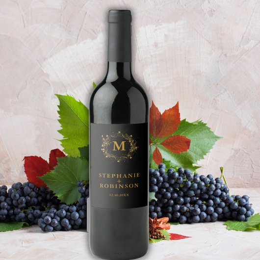 Étiquette Pour Bouteilles De Vin Monogramme de couronne florale dorée élégante Déco