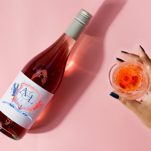 Étiquette Pour Bouteilles De Vin Monogramme de homard rouge bleu nautique