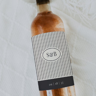 Étiquette Pour Bouteilles De Vin Monogramme de mariage classique rayé noir et écru