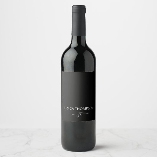Étiquette Pour Bouteilles De Vin Monogramme de nom de script simple noir moderne fé (Devant)