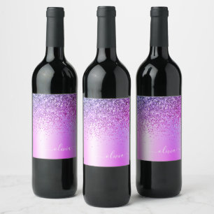 Étiquette Pour Bouteilles De Vin Monogramme de nom en métal glamour pailleté violet
