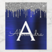 Étiquette Pour Bouteilles De Vin Monogramme en métal brossé avec paillettes bleu ma (Étiquettes simples)