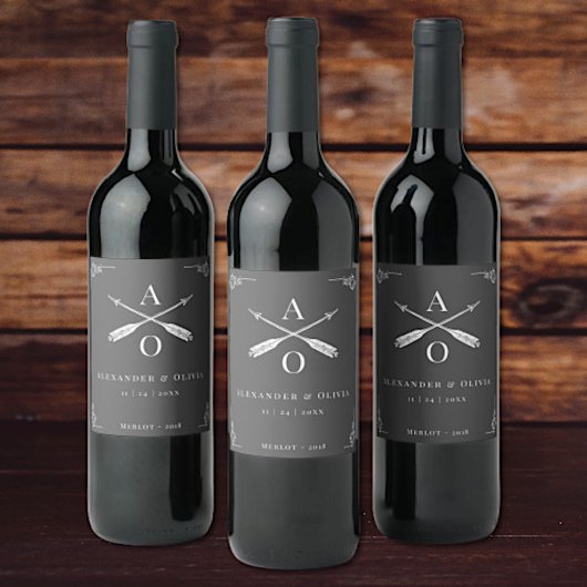 Étiquette Pour Bouteilles De Vin Monogramme gris et flèches Mariage Étiquette de vi