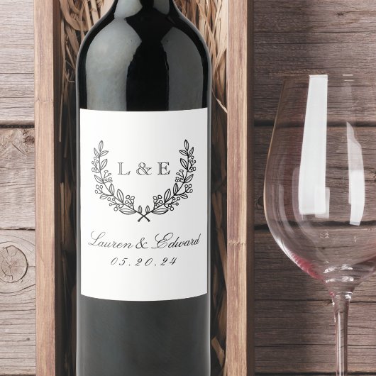 Étiquette Pour Bouteilles De Vin Monogramme Initial de Mariage Classique au Laurier
