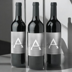 Étiquette Pour Bouteilles De Vin Monogramme métallique à huile d'argent