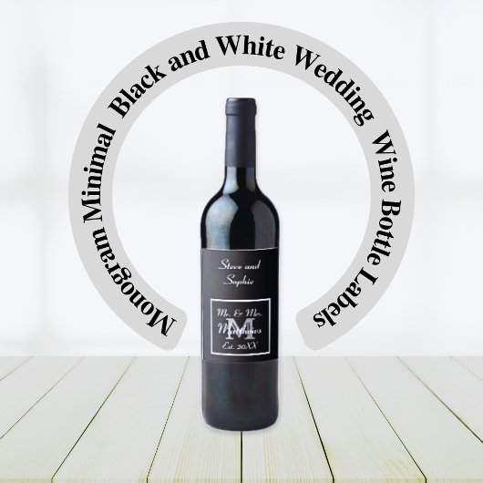 Étiquette Pour Bouteilles De Vin Monogramme minimal | Mariage noir et blanc