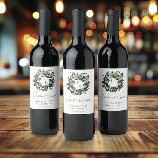 Étiquette Pour Bouteilles De Vin Monogramme moderne Eucalyptus Mariage de couronne 