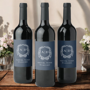 Étiquette Pour Bouteilles De Vin Monogramme Moderne Mariage Blason Bleu Nuit