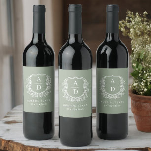 Étiquette Pour Bouteilles De Vin Monogramme moderne Mariage Sage Green Crest