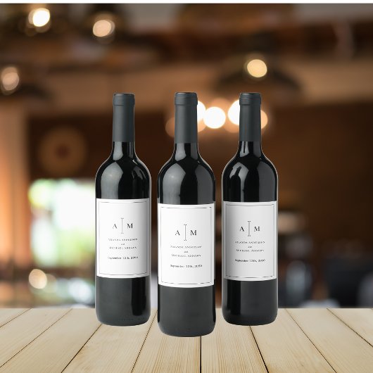 Étiquette Pour Bouteilles De Vin Monogramme noir blanc minimum Mariage simple front