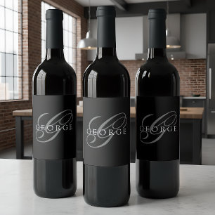 Étiquette Pour Bouteilles De Vin Monogramme Noir Gris Initial Script Nom