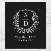 Étiquette Pour Bouteilles De Vin Monogramme noir Mariage Floral Crest (Étiquettes simples)