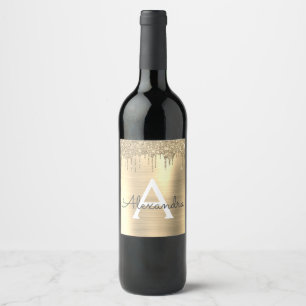 Étiquette Pour Bouteilles De Vin Monogramme Nom Métal Brossé Paillettes Dorées