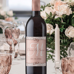 Étiquette Pour Bouteilles De Vin Monogramme or Rose de flamme Mariage damassé