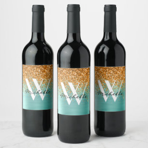 Étiquette Pour Bouteilles De Vin Monogramme pailleté élégant sarcelle or Nom fémini